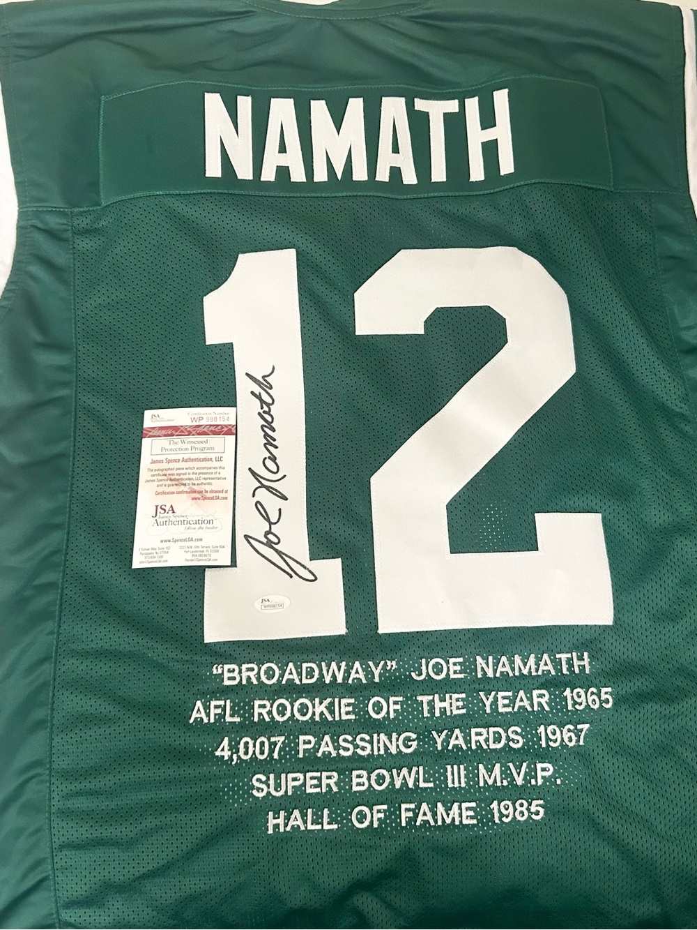 Joe Namath New York Jets Autograph Stat Jersey JSA COA